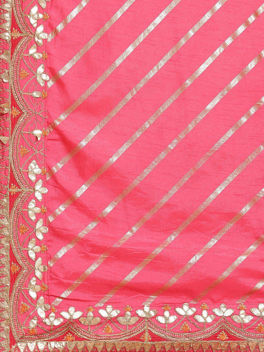 Coral Pink Lehariya Dupion Saree With Gota Patti Embroidered  Border