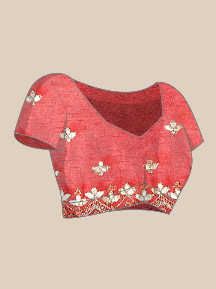 Coral Pink Lehariya Dupion Saree With Gota Patti Embroidered  Border