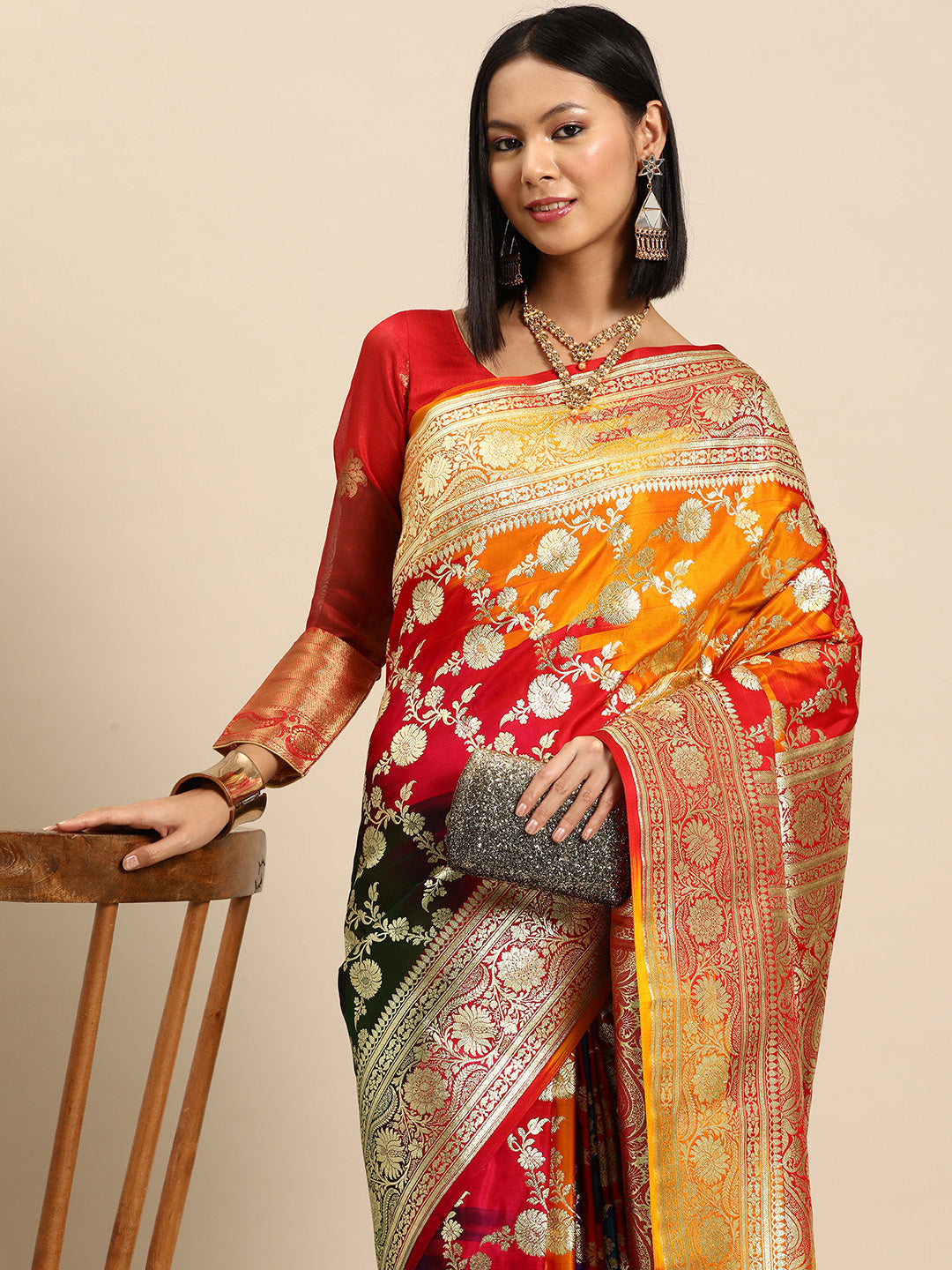 Bright MultiColor Floral Jaal Pattern Zari Kanjeewaram Bridal Saree