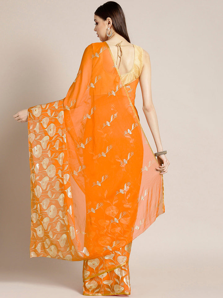 Orange Chiffon Hand-dyed  Bright Neon's Saree with Gold Foil Printed Floral Tulip Pattern