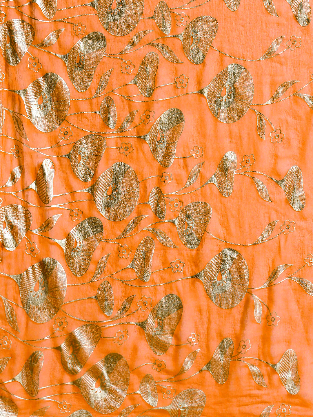 Orange Chiffon Hand-dyed  Bright Neon's Saree with Gold Foil Printed Floral Tulip Pattern