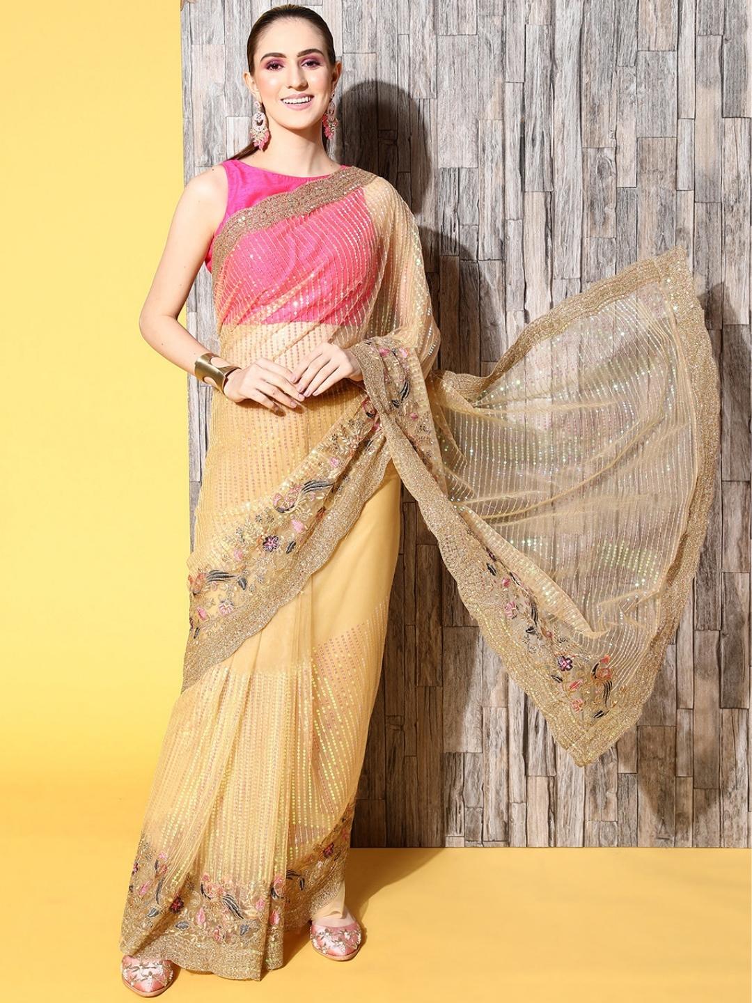 Gold Metallic Sequin Shimmer Party Wear Saree with Peacock Motifs