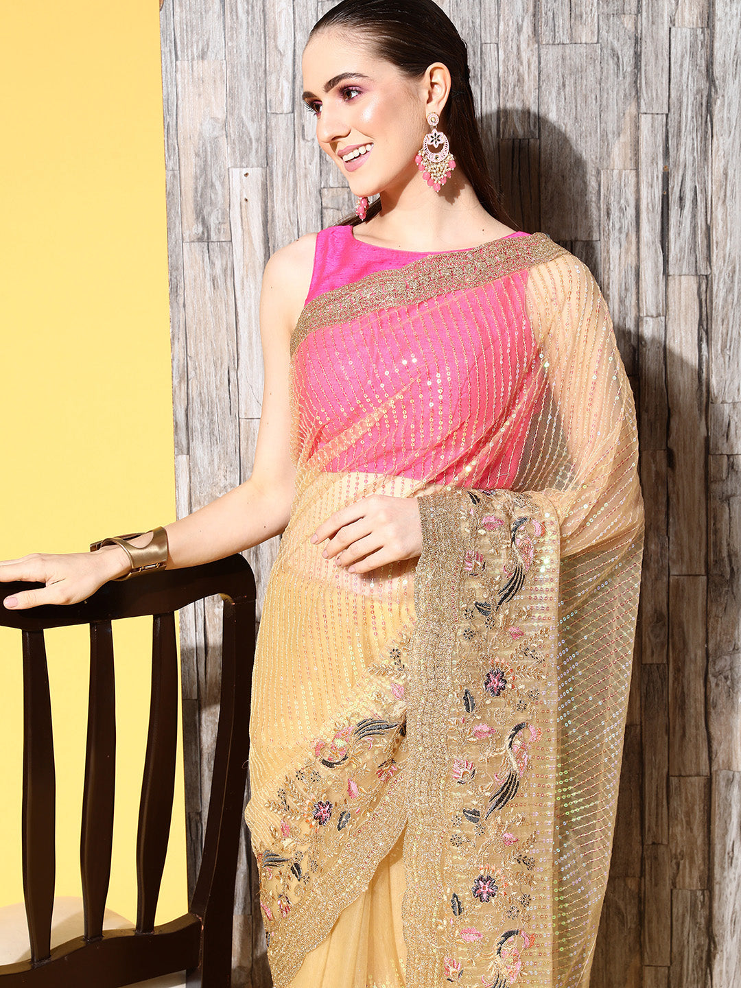 Gold Metallic Sequin Shimmer Party Wear Saree with Peacock Motifs