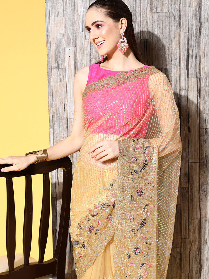 Gold Metallic Sequin Shimmer Party Wear Saree with Peacock Motifs