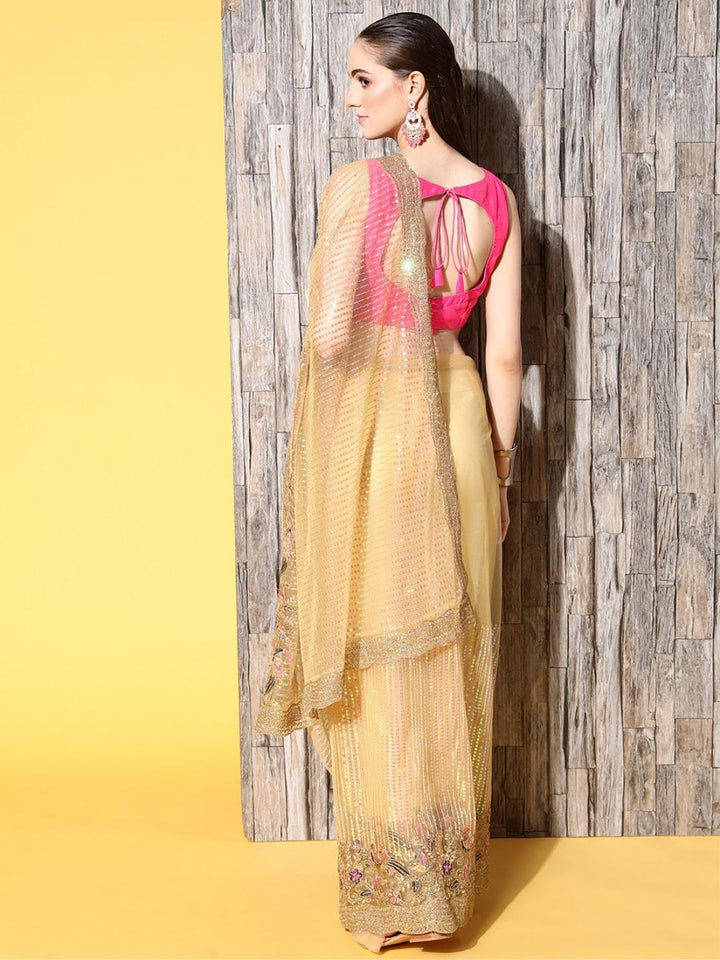 Gold Metallic Sequin Shimmer Party Wear Saree with Peacock Motifs