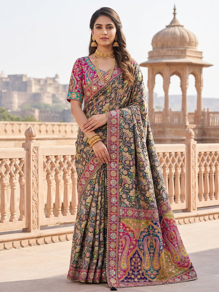 Multicolor Digital Printed Silk Saree with Kashmiri Paisley Design