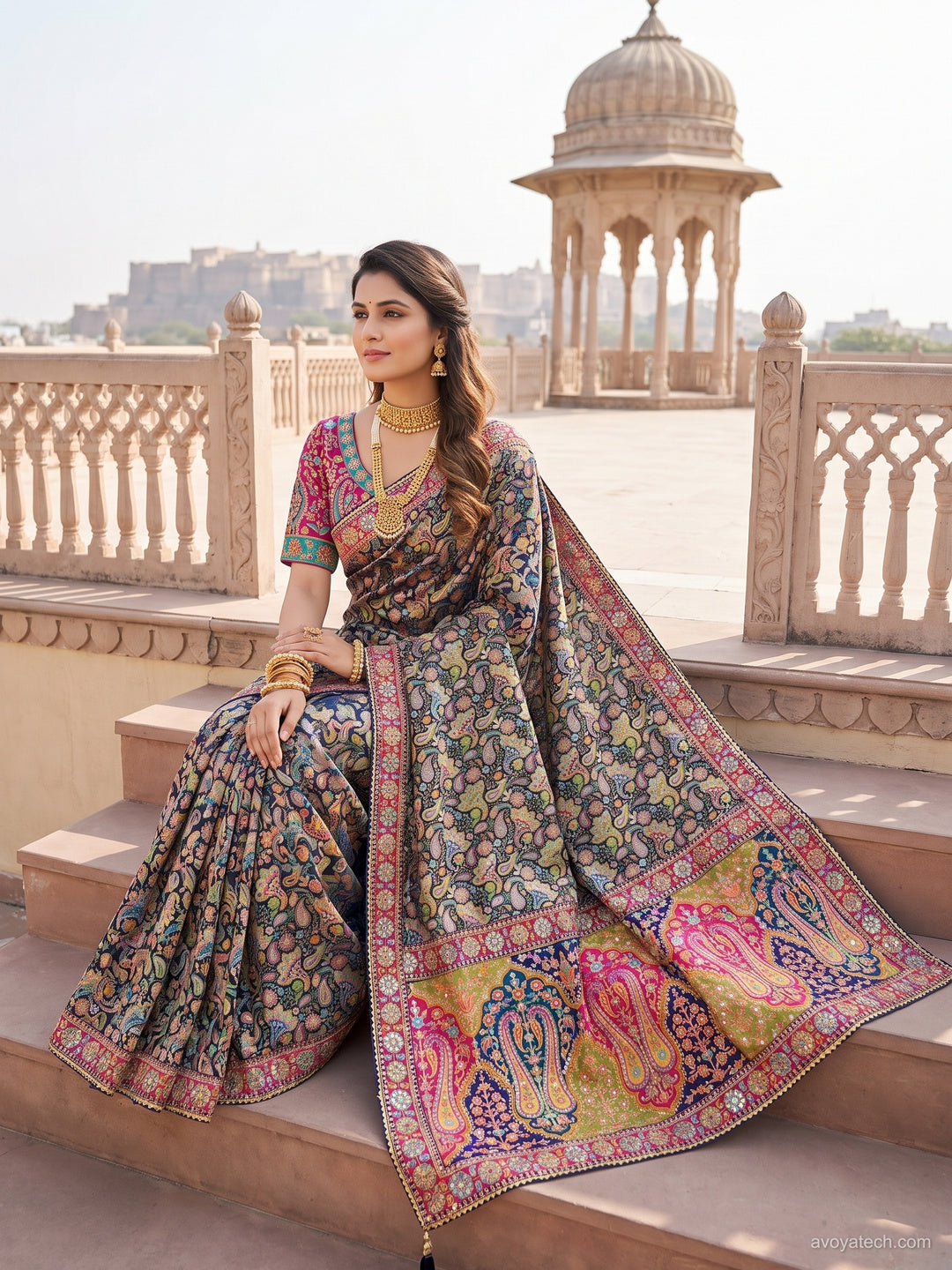 Multicolor Digital Printed Silk Saree with Kashmiri Paisley Design