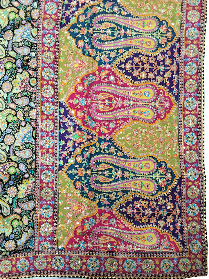Multicolor Digital Printed Silk Saree with Kashmiri Paisley Design