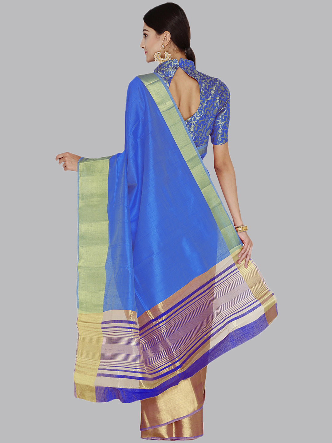 Colorblocked Banarasi Silk Saree with Broad Gold Zari Border