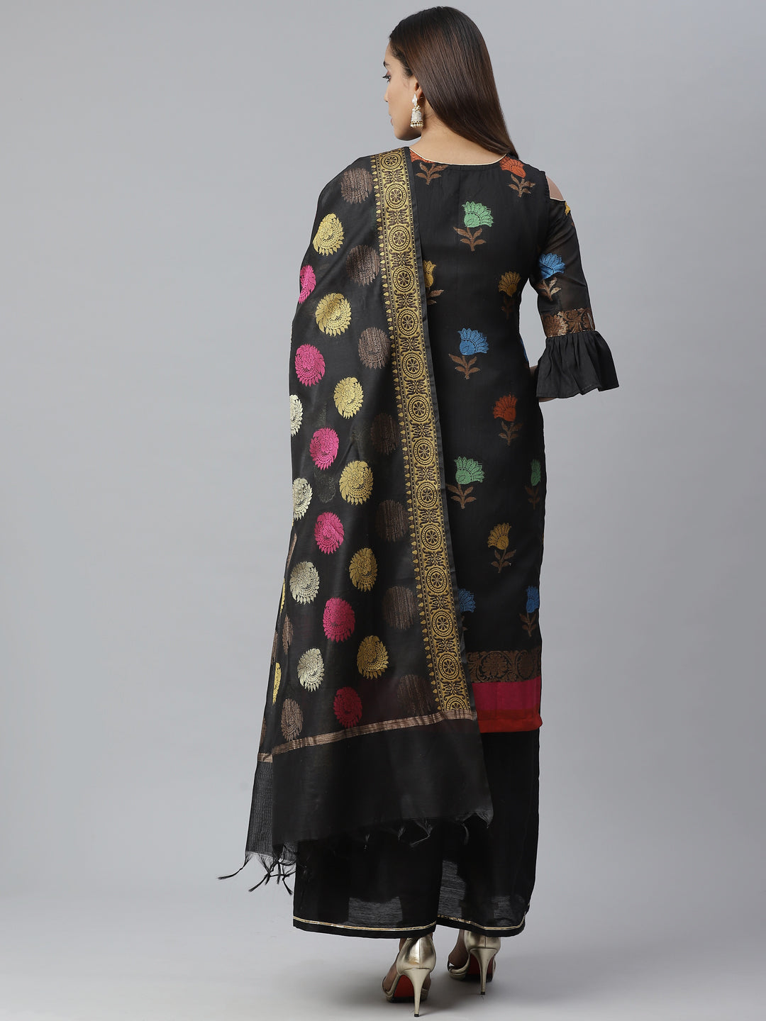Handloom Chanderi Kurta Set with Gold Floral Weave Pattern & Banarasi Duppatta