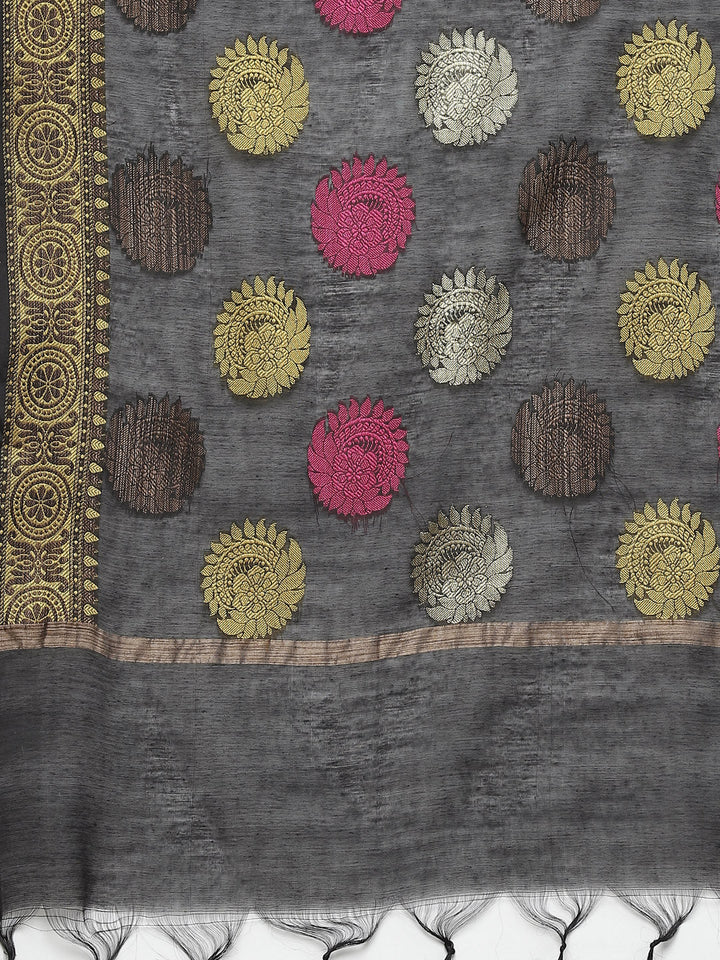 Handloom Chanderi Kurta Set with Gold Floral Weave Pattern & Banarasi Duppatta