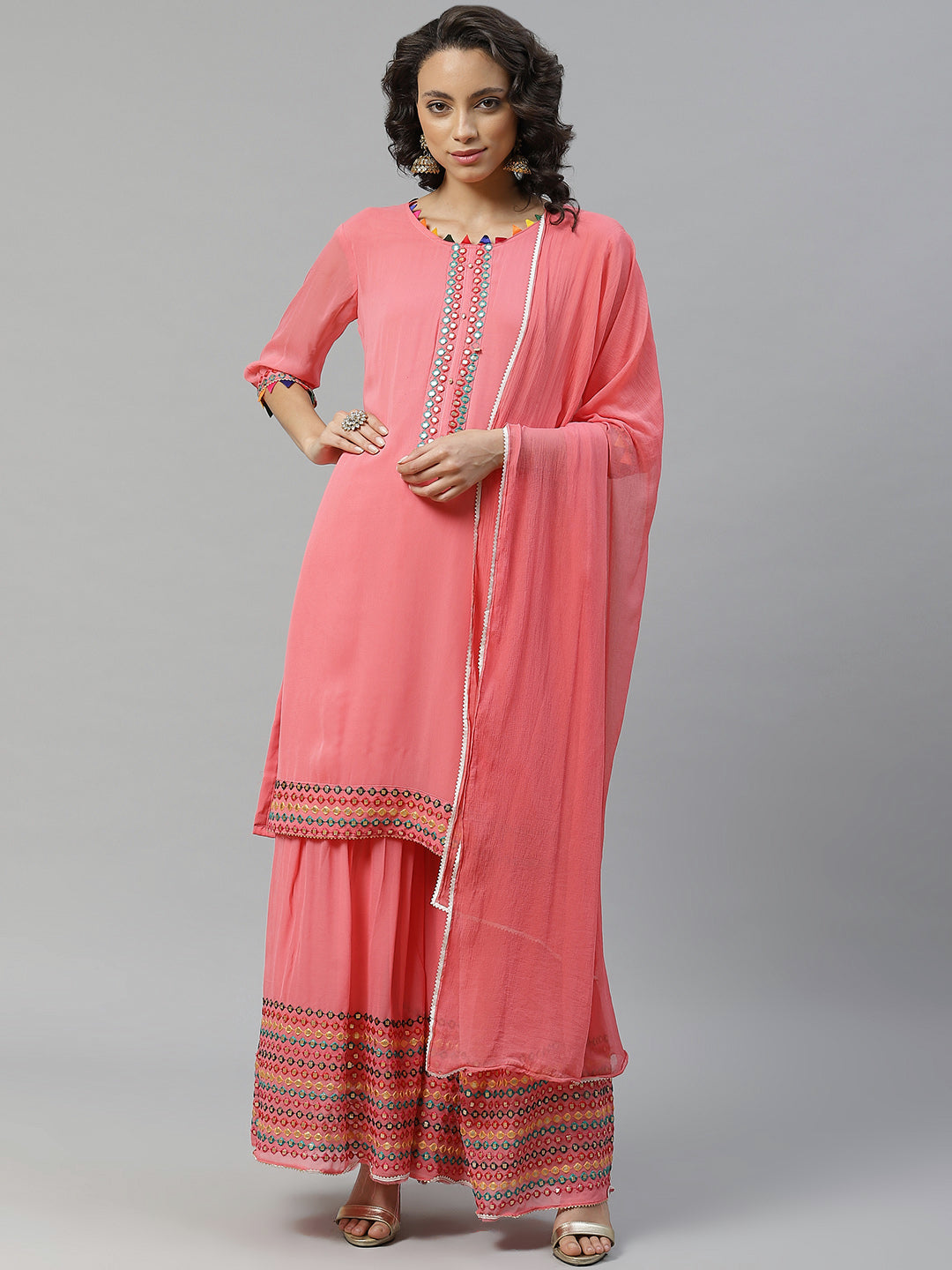 Semi-stitched Georgette Multicolor Resham Embroidery Suit with Sharara