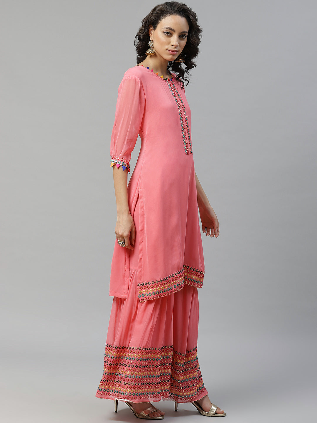 Semi-stitched Georgette Multicolor Resham Embroidery Suit with Sharara