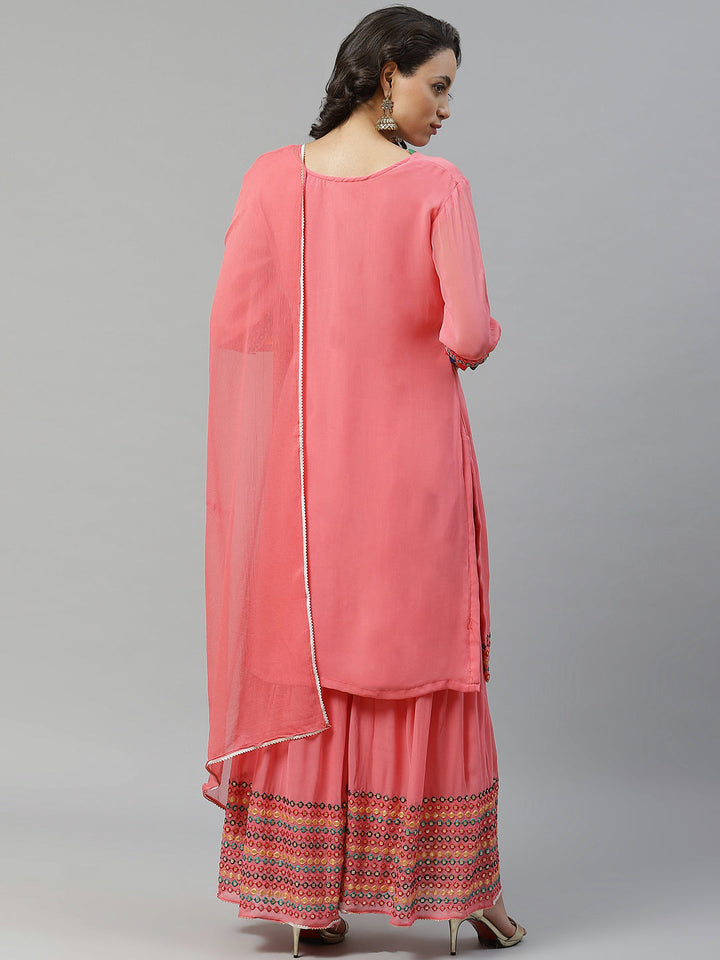 Semi-stitched Georgette Multicolor Resham Embroidery Suit with Sharara