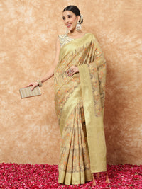 Chhabra 555 Gold Banarasi Handloom Rangkat Saree with Multicolor Resham Floral weaves 