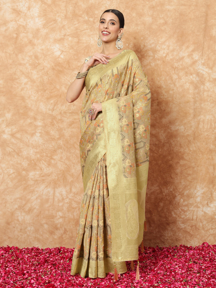 Gold Banarasi Handloom Rangkat Saree with Resham Floral weaves