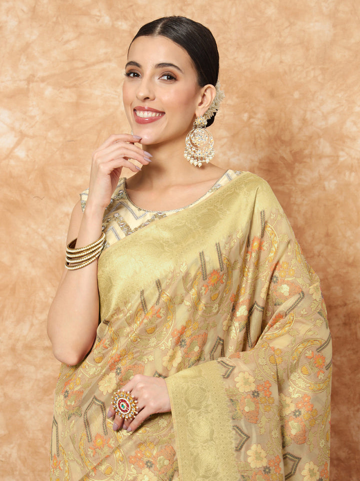 Gold Banarasi Handloom Rangkat Saree with Resham Floral weaves