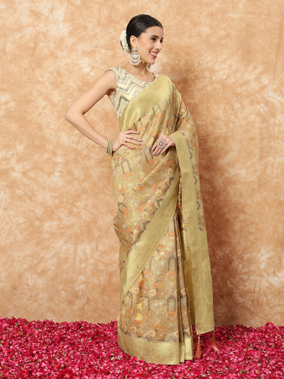 Gold Banarasi Handloom Rangkat Saree with Resham Floral weaves