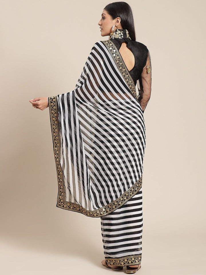 Black & White Georgette Striped Saree with Black Gold Aari and Sequence Work