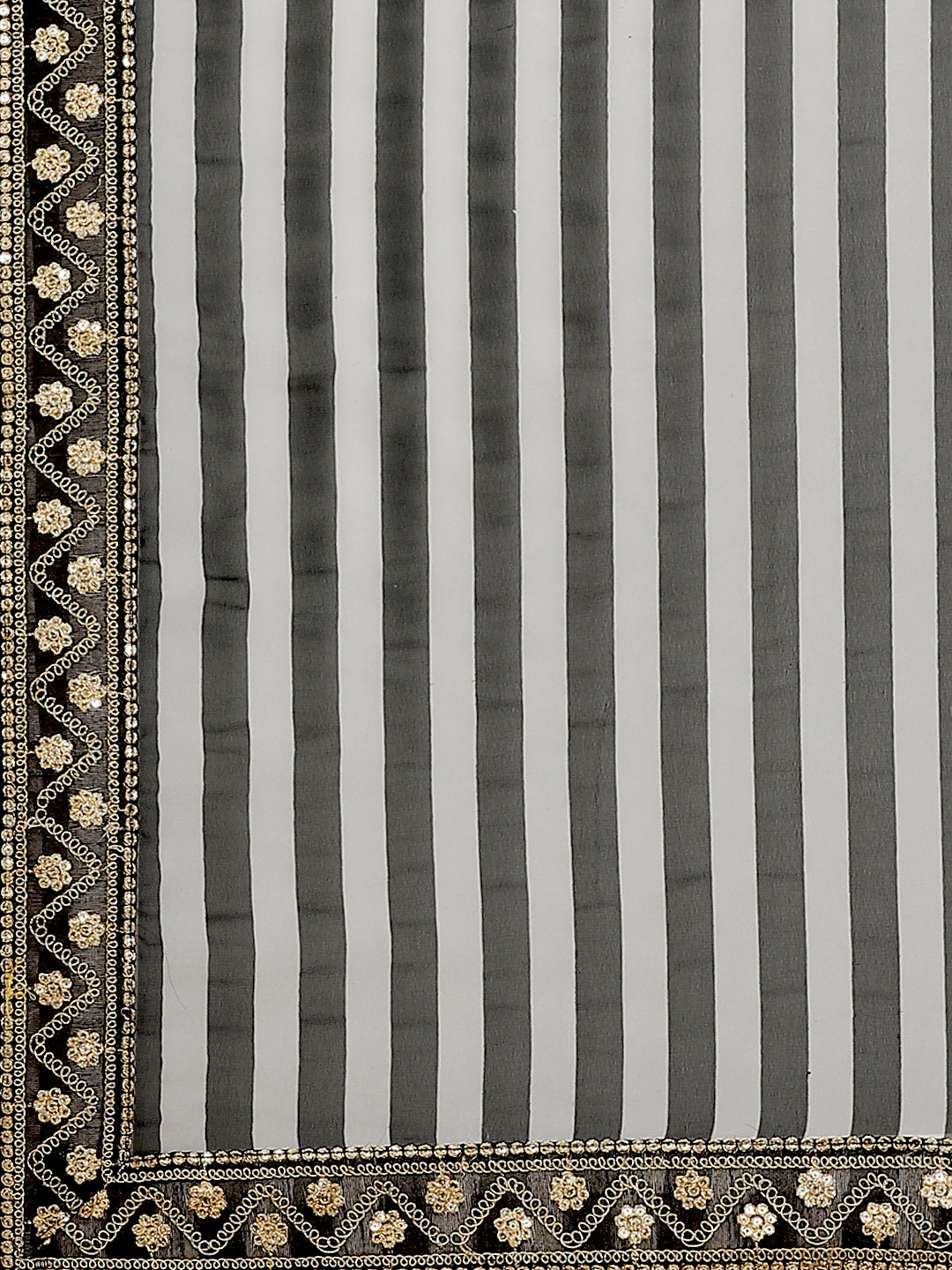 Black & White Georgette Striped Saree with Black Gold Aari and Sequence Work