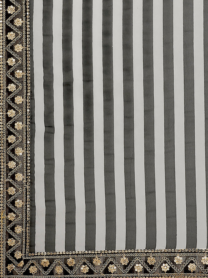 Black & White Georgette Striped Saree with Black Gold Aari and Sequence Work