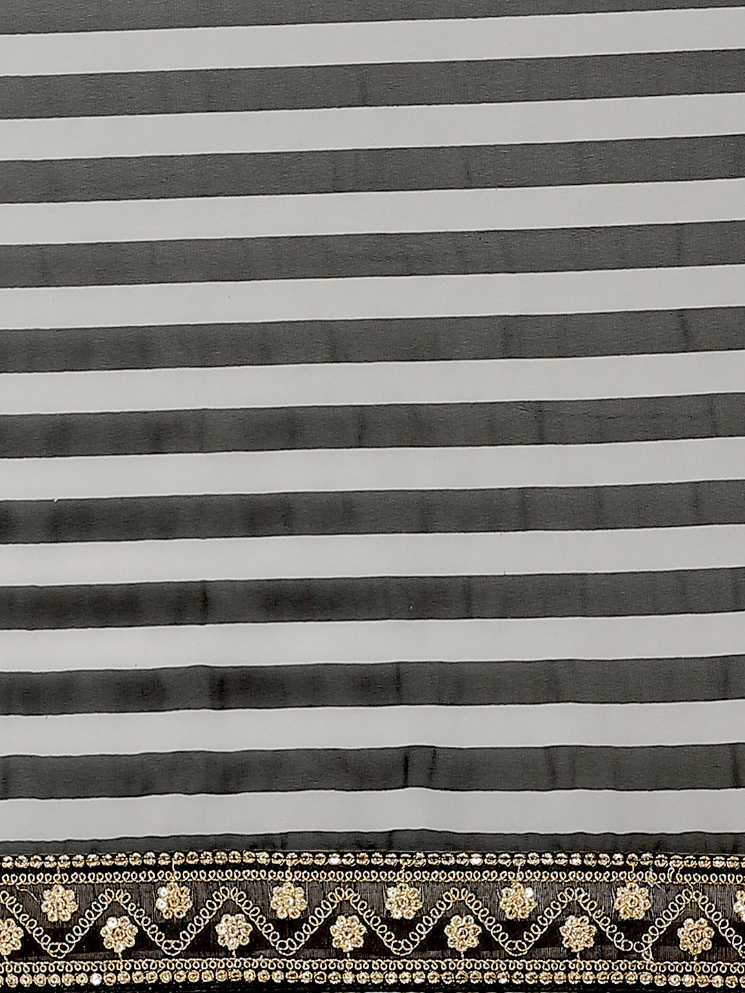 Black & White Georgette Striped Saree with Black Gold Aari and Sequence Work