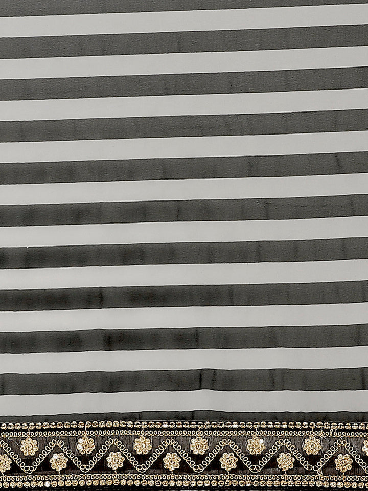 Black & White Georgette Striped Saree with Black Gold Aari and Sequence Work