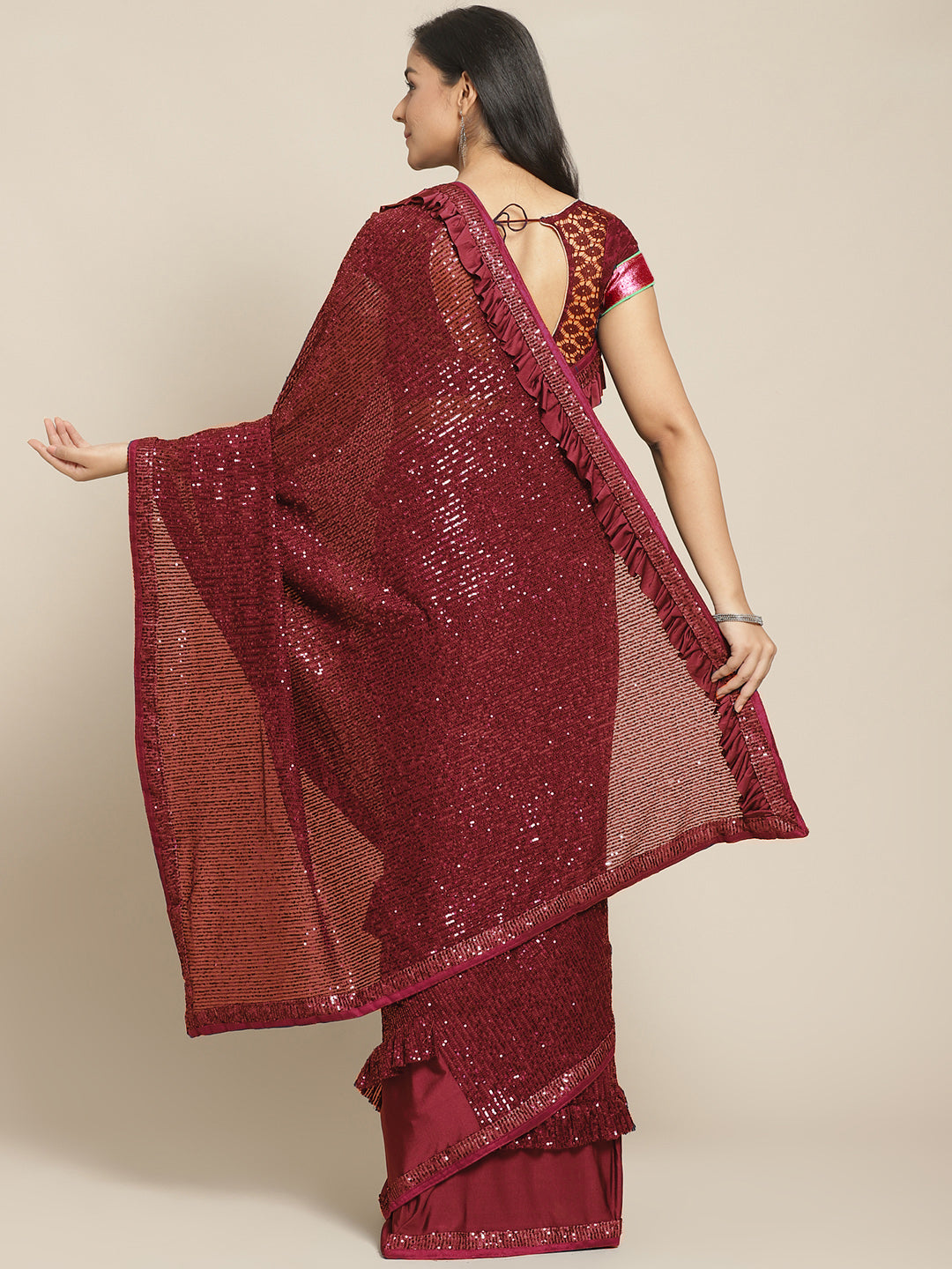 Wine Bling Lycra Ruffled Saree with Festive Layering & Sequence Sheet Embroidery