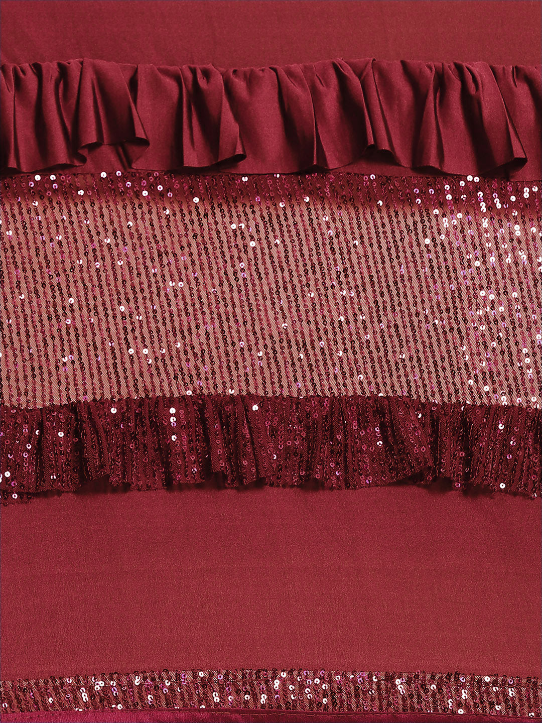 Wine Bling Lycra Ruffled Saree with Festive Layering & Sequence Sheet Embroidery