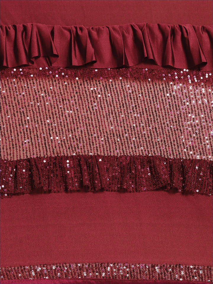 Wine Bling Lycra Ruffled Saree with Festive Layering & Sequence Sheet Embroidery