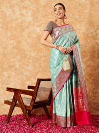 Chhabra 555 Sea Green Traditional Buties Banarasi Pure Silk Saree & Contrast Magenta Ethnic Border