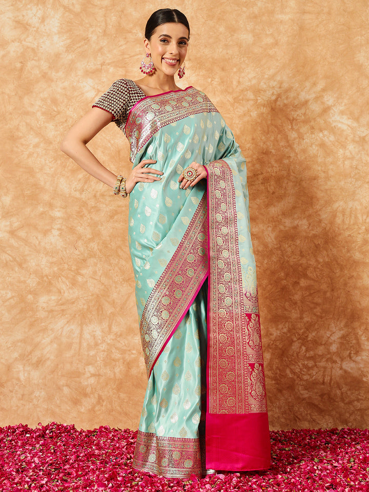 Sea Green Banarasi Pure Silk Saree & Contrast Magenta Ethnic Border