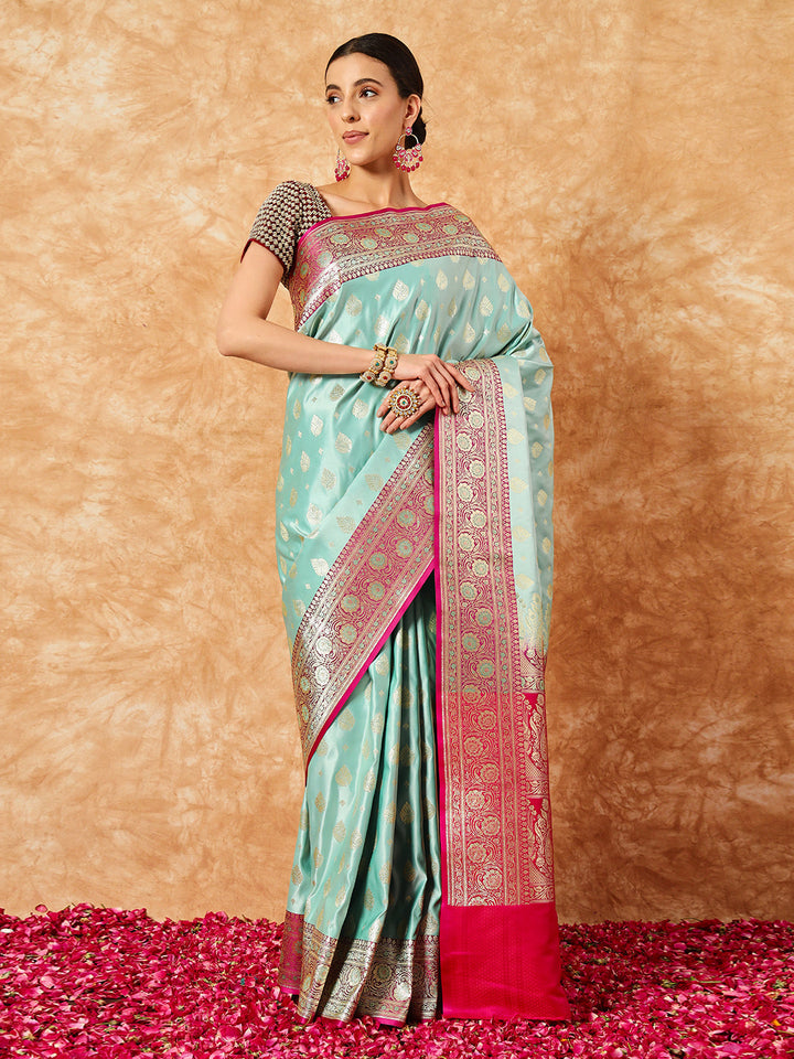 Sea Green Banarasi Pure Silk Saree & Contrast Magenta Ethnic Border