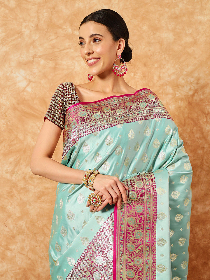 Sea Green Banarasi Pure Silk Saree & Contrast Magenta Ethnic Border
