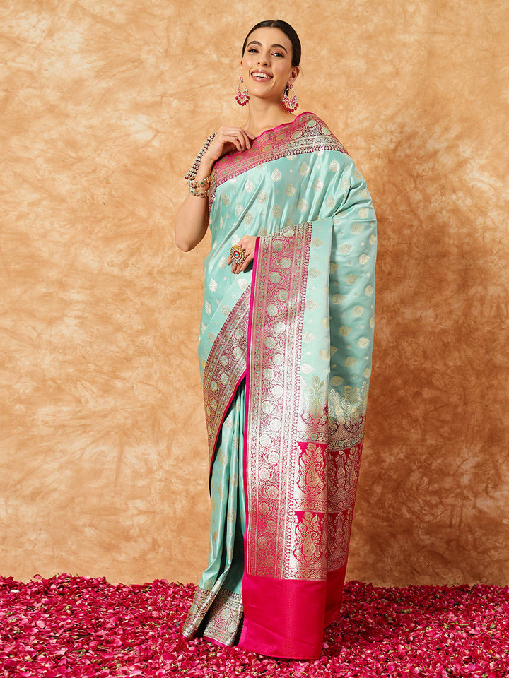 Sea Green Banarasi Pure Silk Saree & Contrast Magenta Ethnic Border