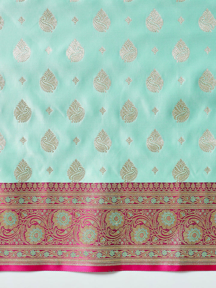 Sea Green Banarasi Pure Silk Saree & Contrast Magenta Ethnic Border