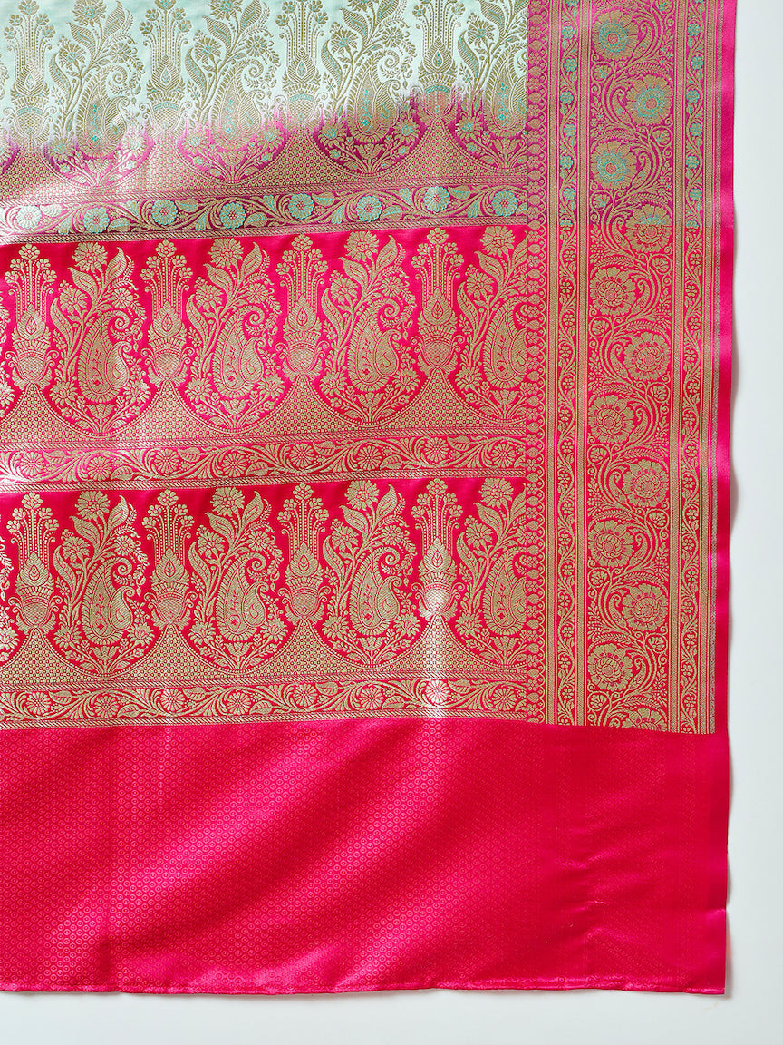 Sea Green Banarasi Pure Silk Saree & Contrast Magenta Ethnic Border