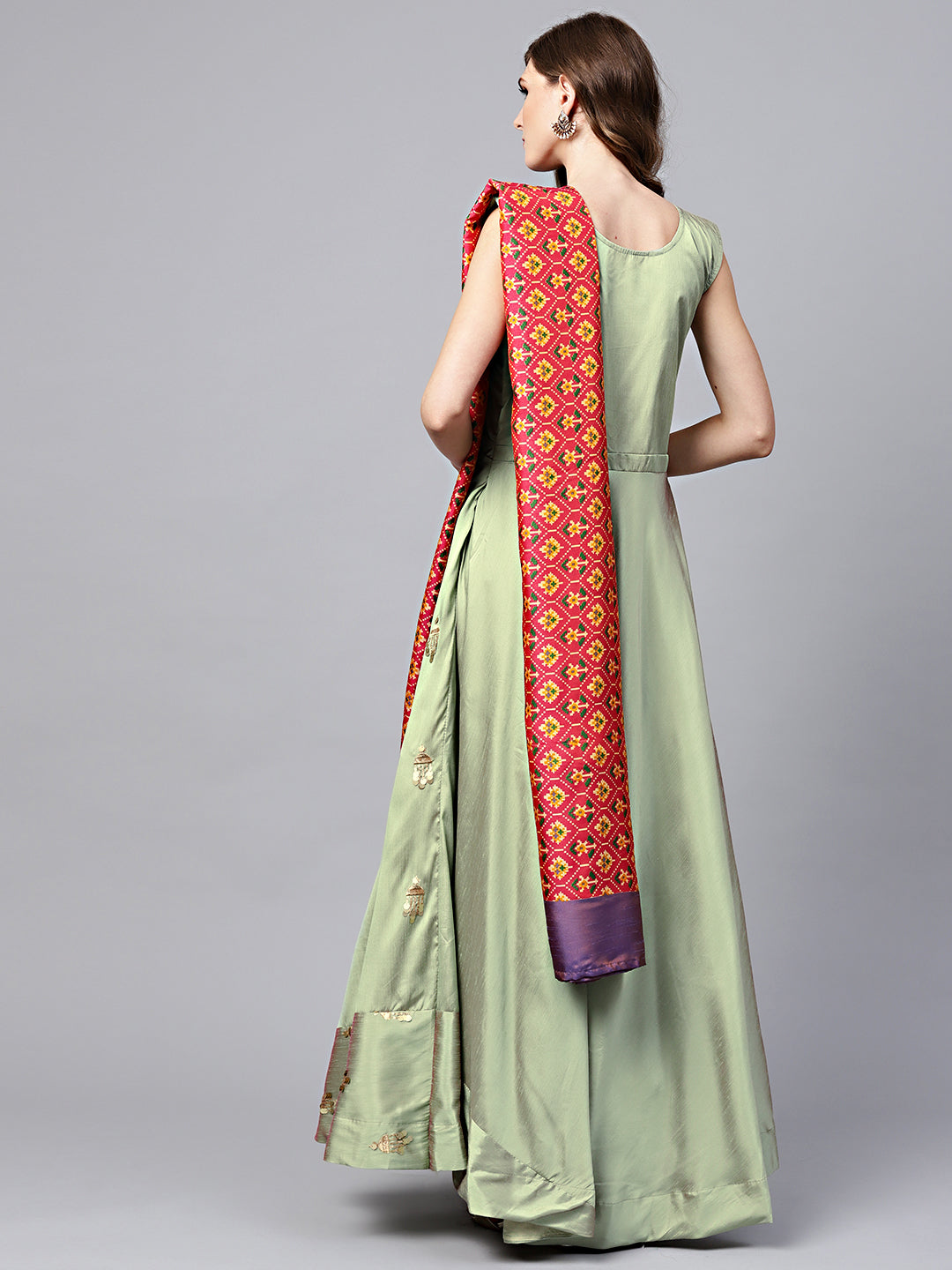Anarkali Kurta Set with Resham embroidery and Ikat Print dupatta