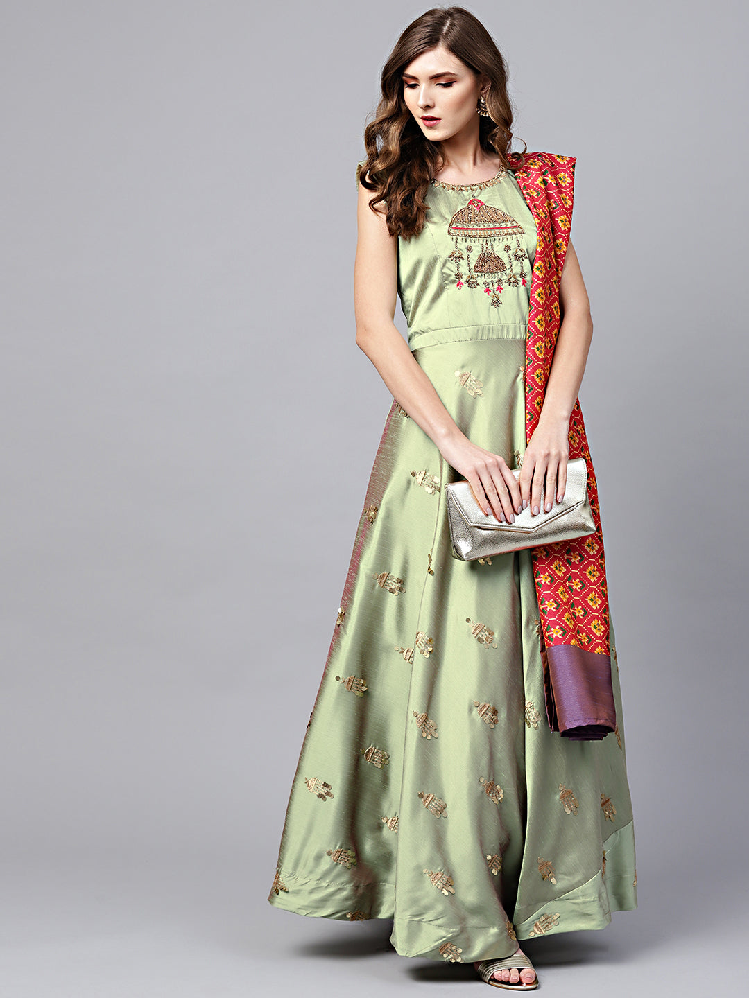 Anarkali Kurta Set with Resham embroidery and Ikat Print dupatta