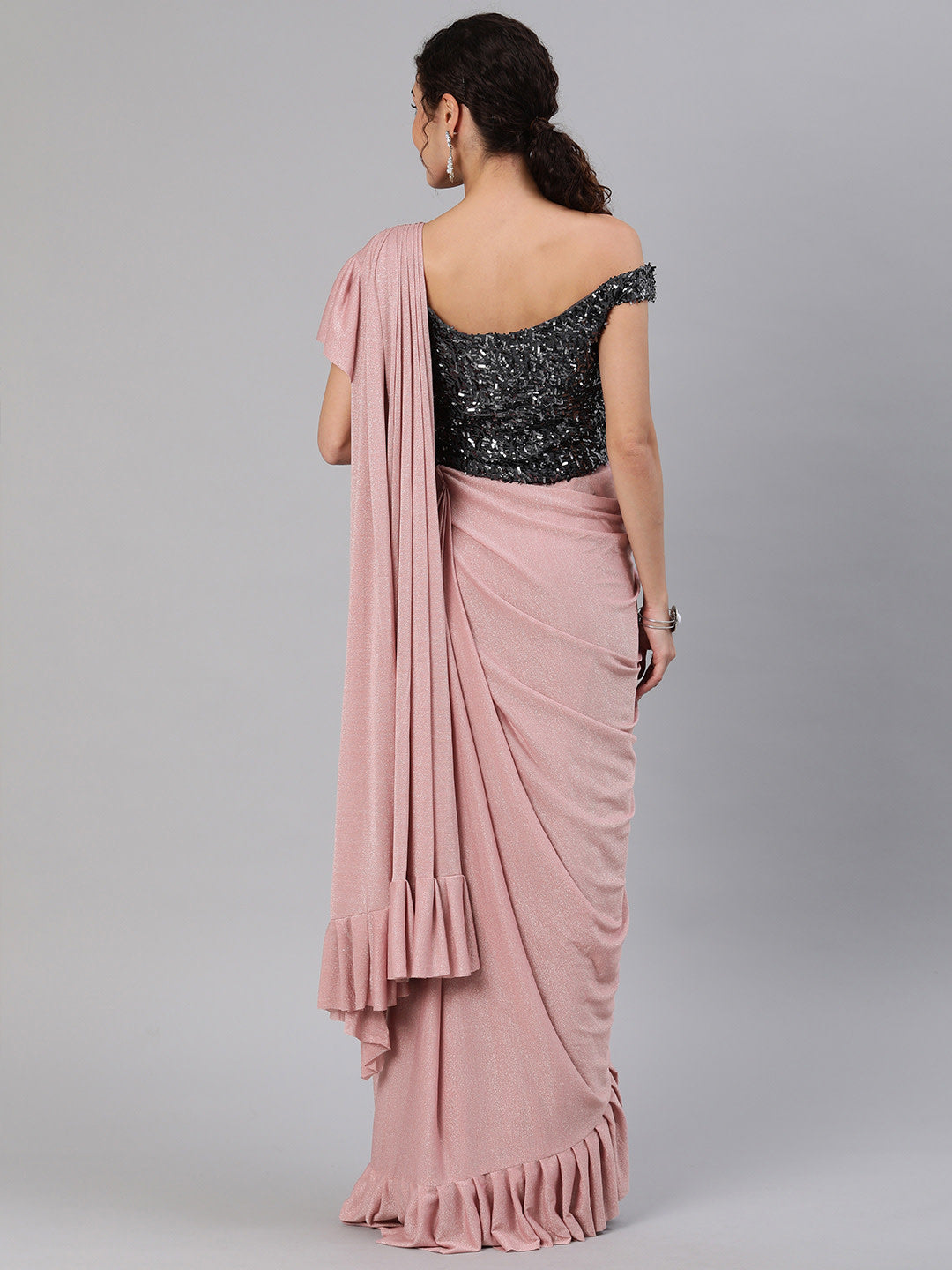 Rose Pink Ruffled Pre-Draped Shimmer Saree with Off Shoulder Sequined Blouse