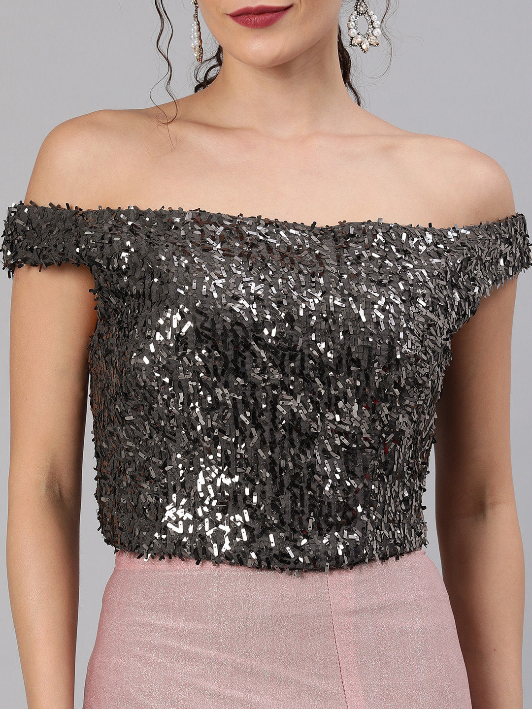 Rose Pink Ruffled Pre-Draped Shimmer Saree with Off Shoulder Sequined Blouse