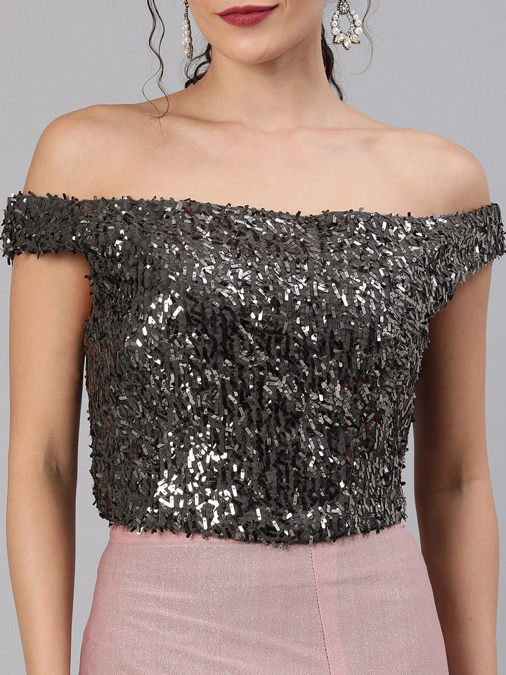 Rose Pink Ruffled Pre-Draped Shimmer Saree with Off Shoulder Sequined Blouse