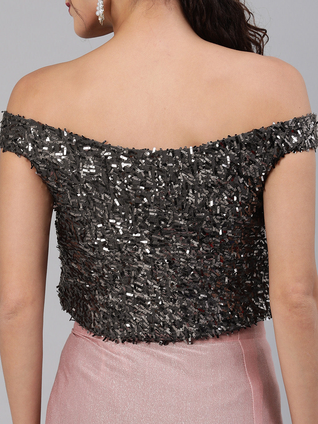 Rose Pink Ruffled Pre-Draped Shimmer Saree with Off Shoulder Sequined Blouse