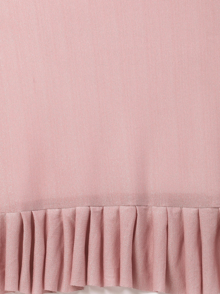 Rose Pink Ruffled Pre-Draped Shimmer Saree with Off Shoulder Sequined Blouse