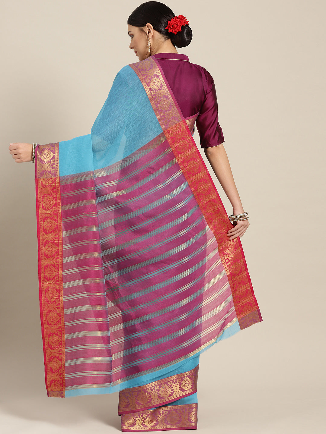 Turquoise Chanderi Silk Saree with Contrast Zari Woven Border