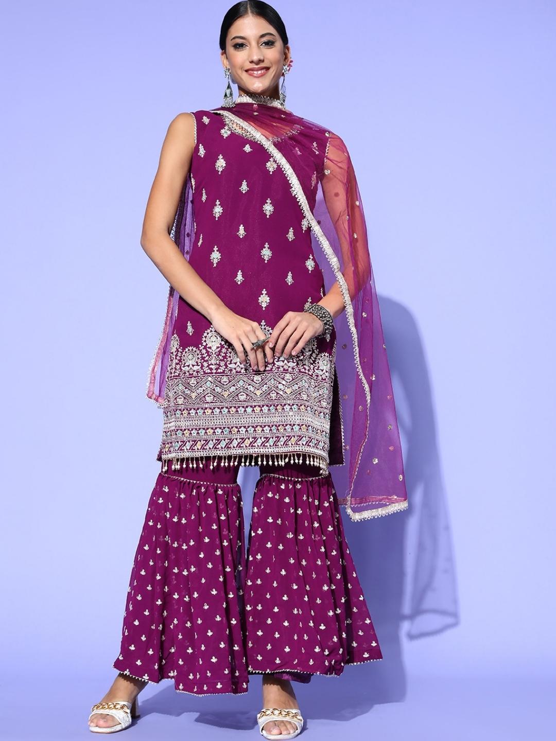 Purple Sequin & Resham Embroidered Kurta Sharara Set