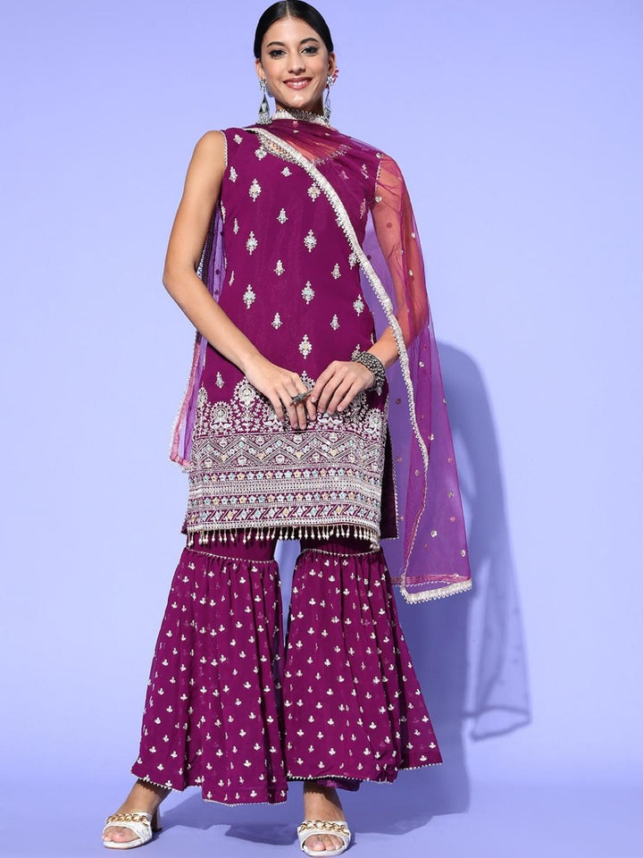 Purple Sequin & Resham Embroidered Kurta Sharara Set