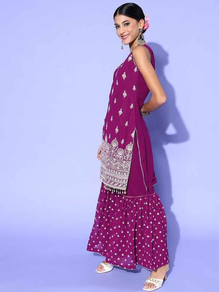 Purple Sequin & Resham Embroidered Kurta Sharara Set