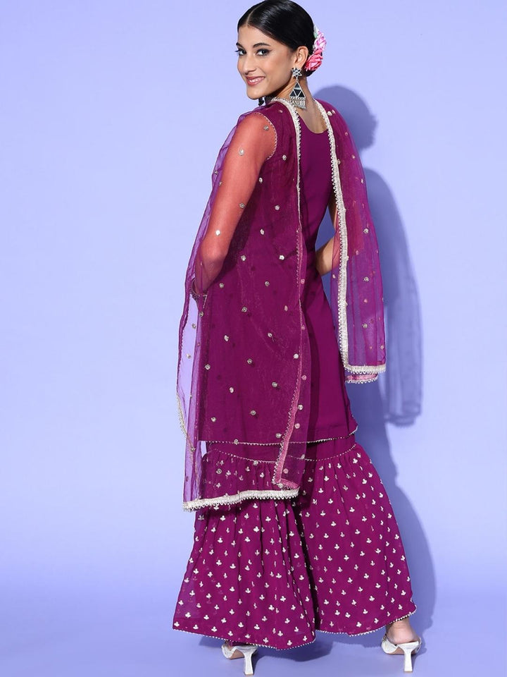 Purple Sequin & Resham Embroidered Kurta Sharara Set