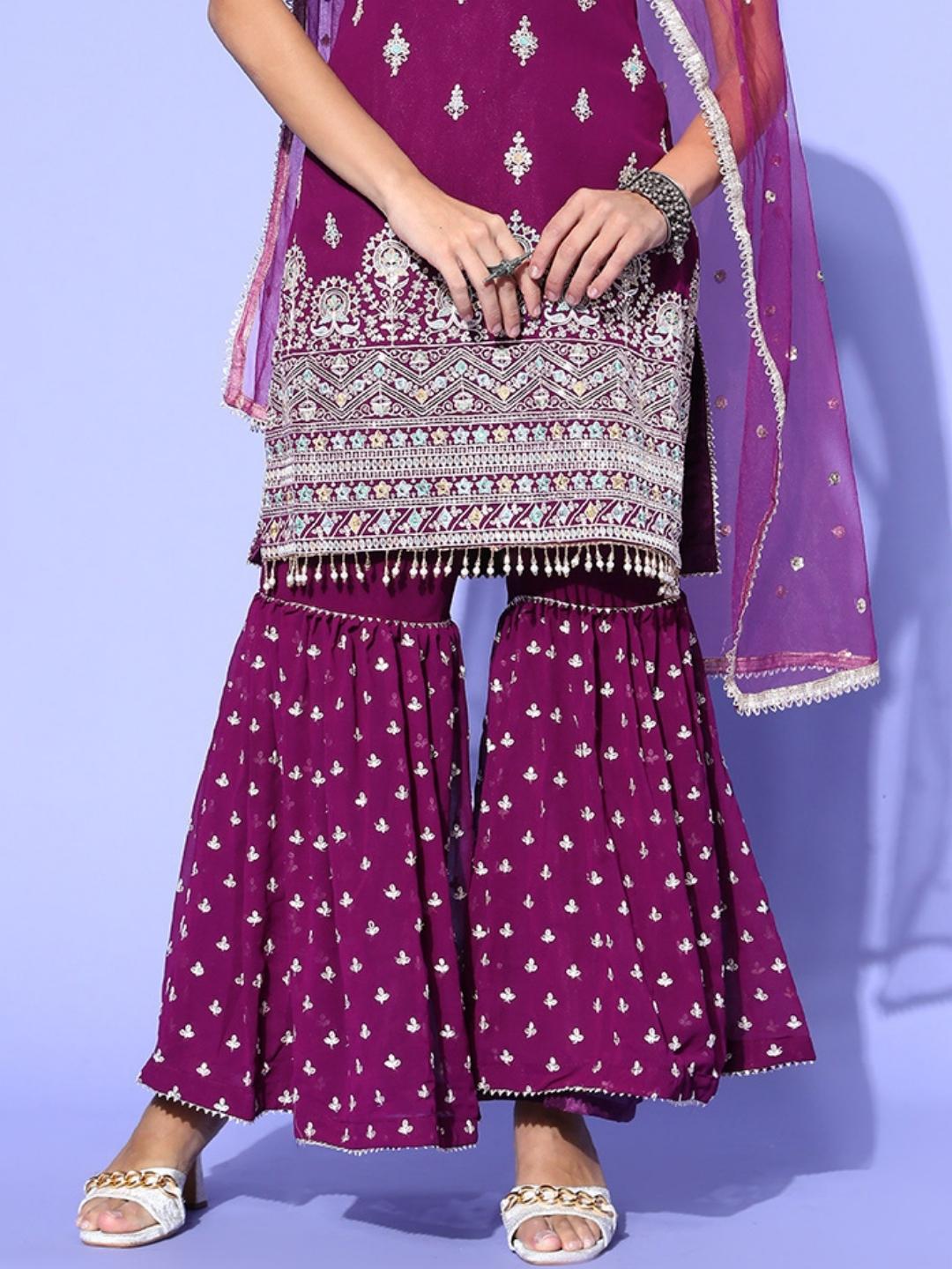 Purple Sequin & Resham Embroidered Kurta Sharara Set
